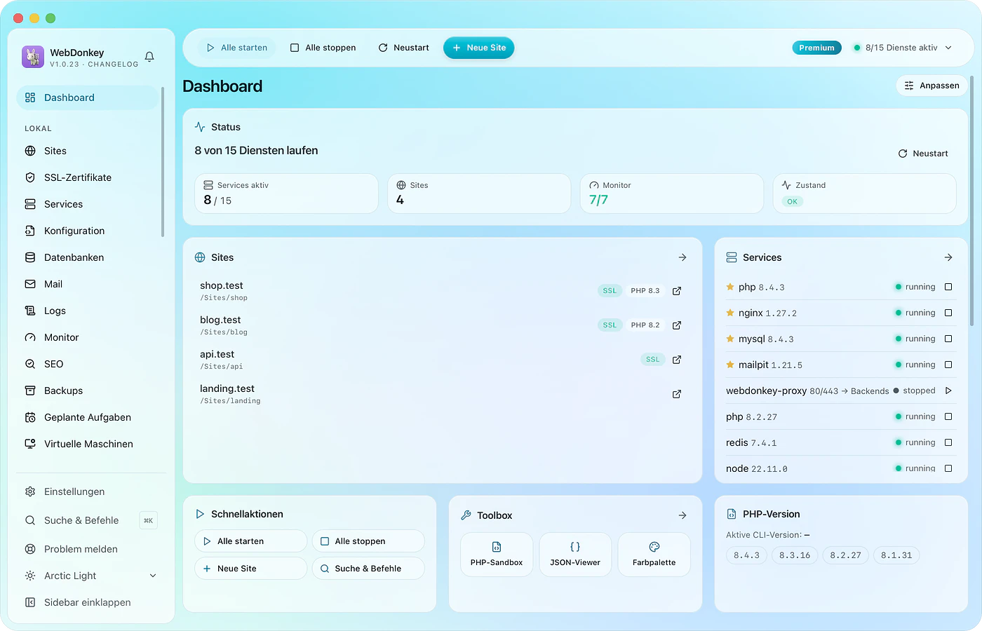 Das WebDonkey-Dashboard mit laufenden Diensten, Sites, Mails und Backups