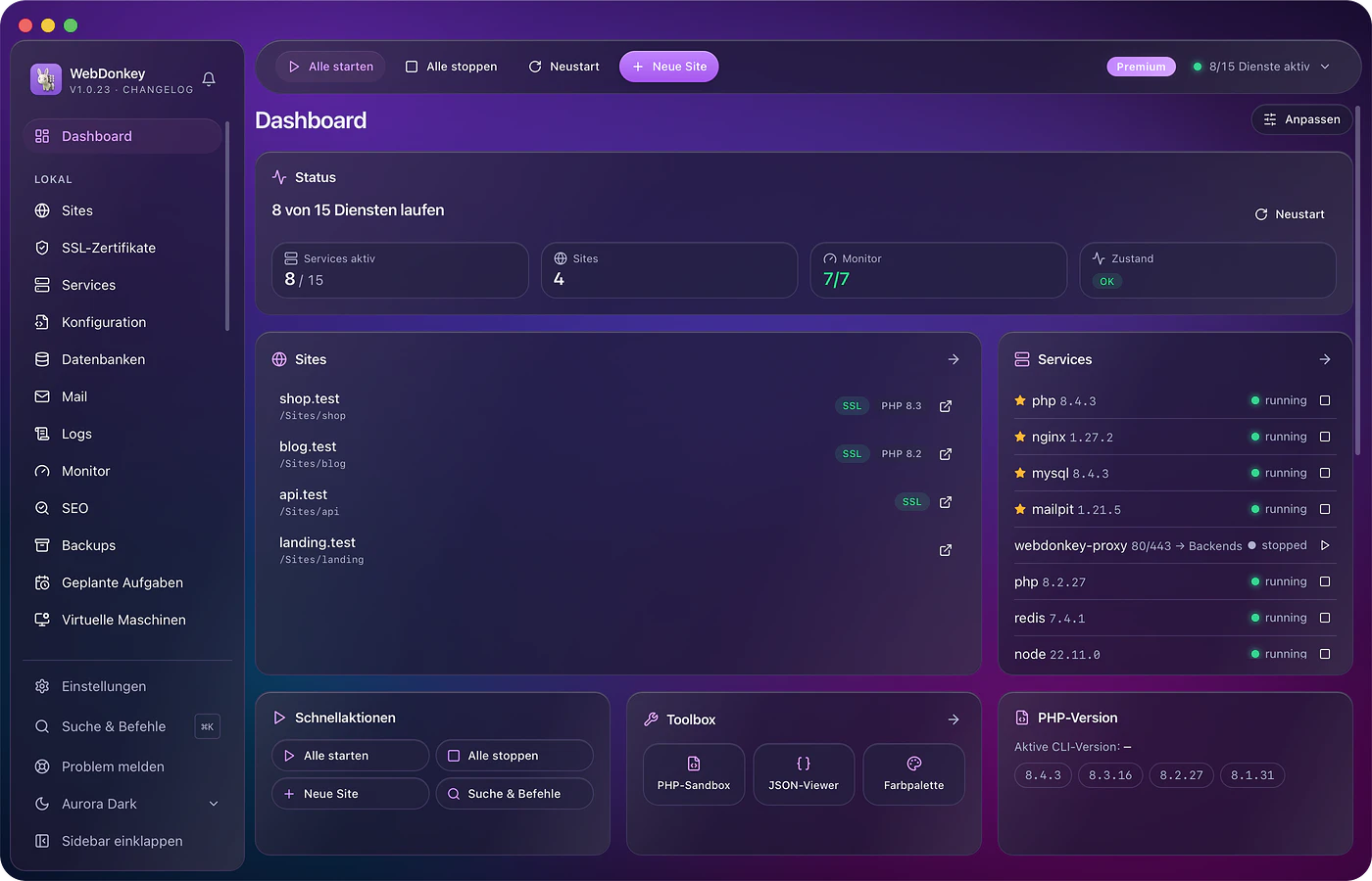 Das WebDonkey-Dashboard mit laufenden Diensten, Sites, Mails und Backups