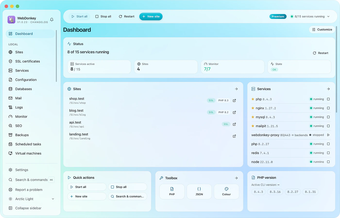 The WebDonkey dashboard with running services, sites, mail and backups