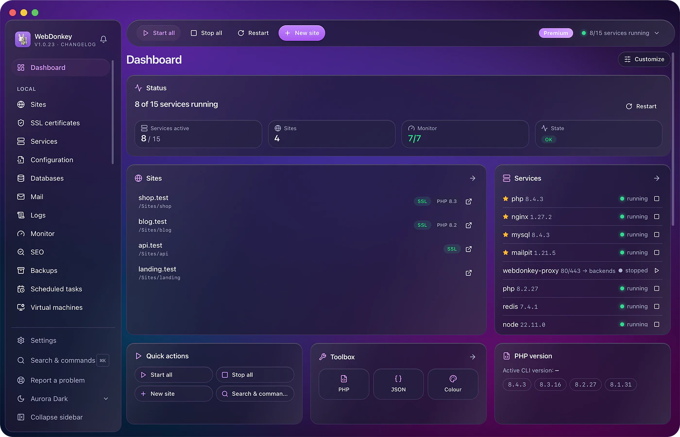 The WebDonkey dashboard with running services, sites, mail and backups