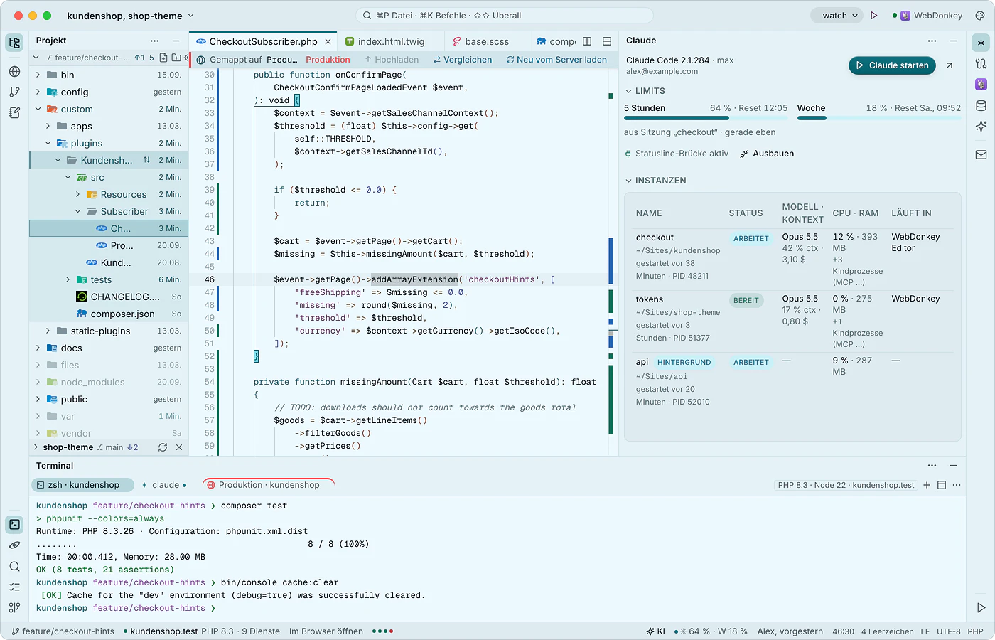 WebDonkey Editor: Code, Git und Claude Code neben deinen Sites