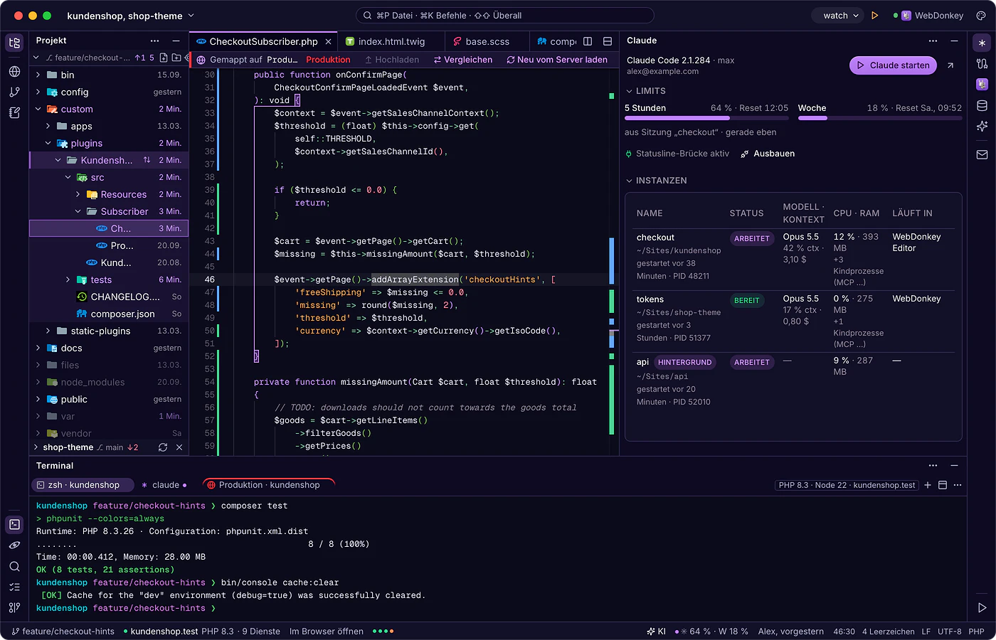 WebDonkey Editor: Code, Git und Claude Code neben deinen Sites