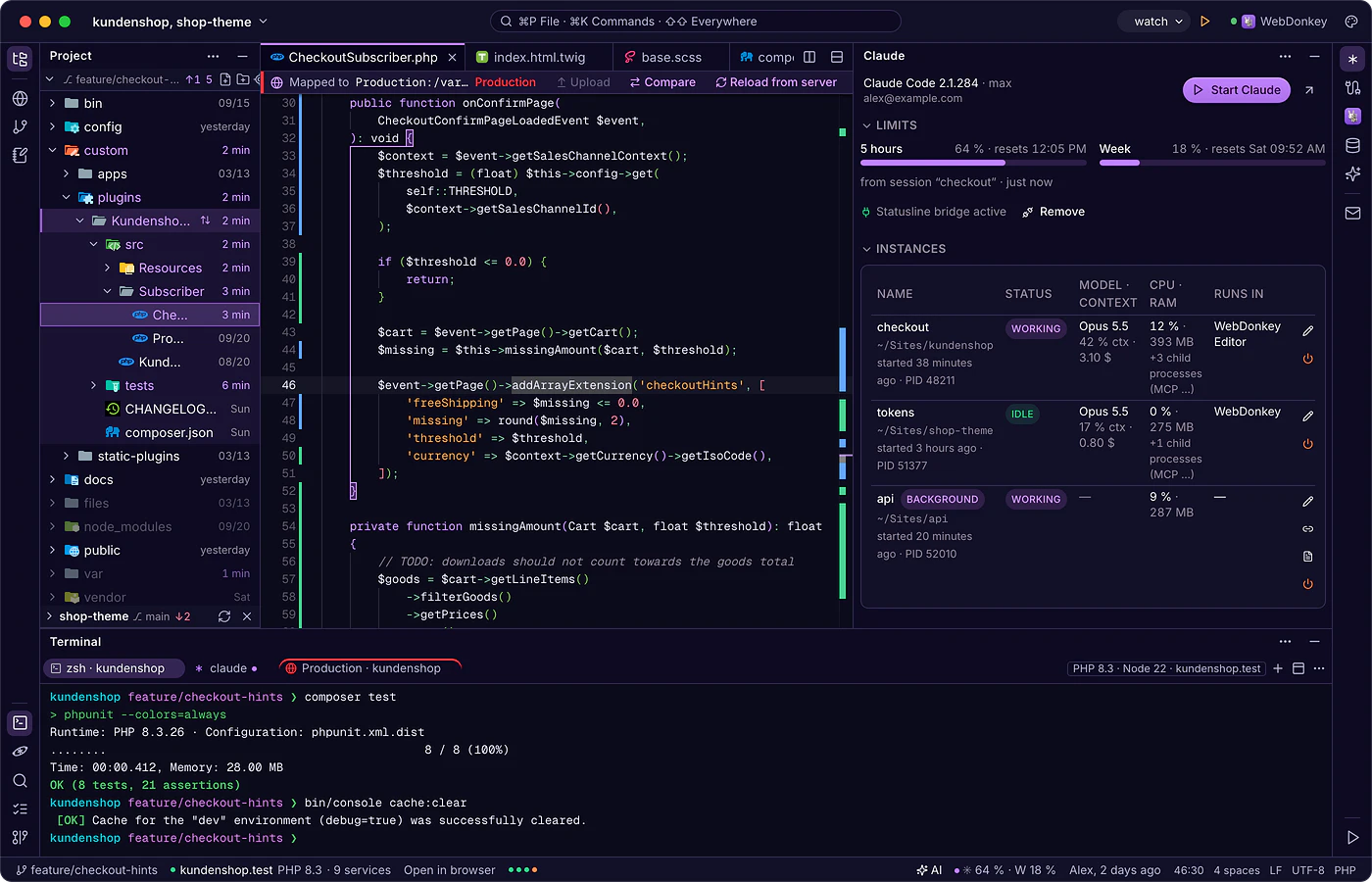 WebDonkey Editor: code, Git and Claude Code next to your sites