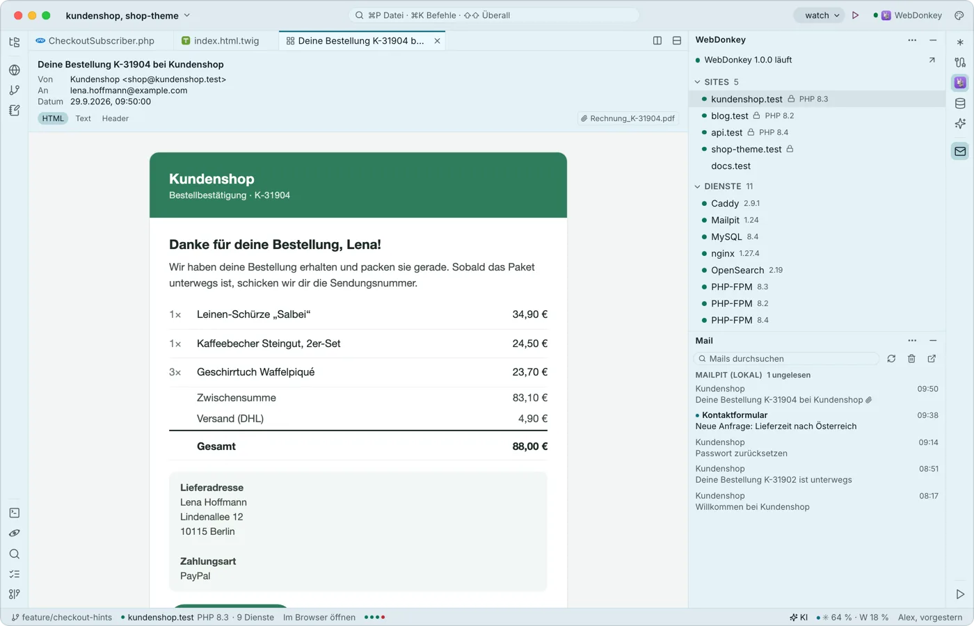 Mails aus deinen Projekten, im Editor gelesen