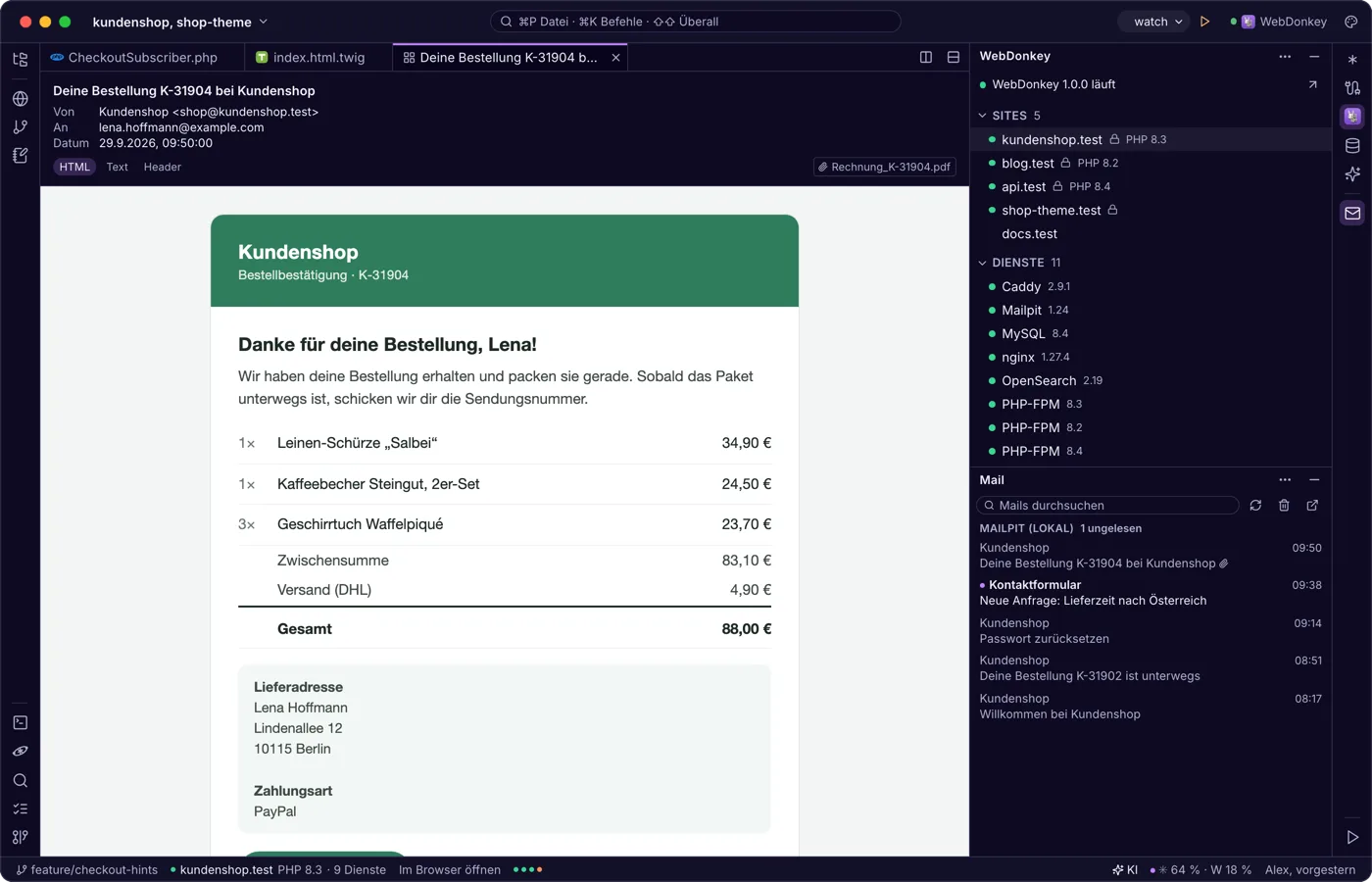 Mails aus deinen Projekten, im Editor gelesen