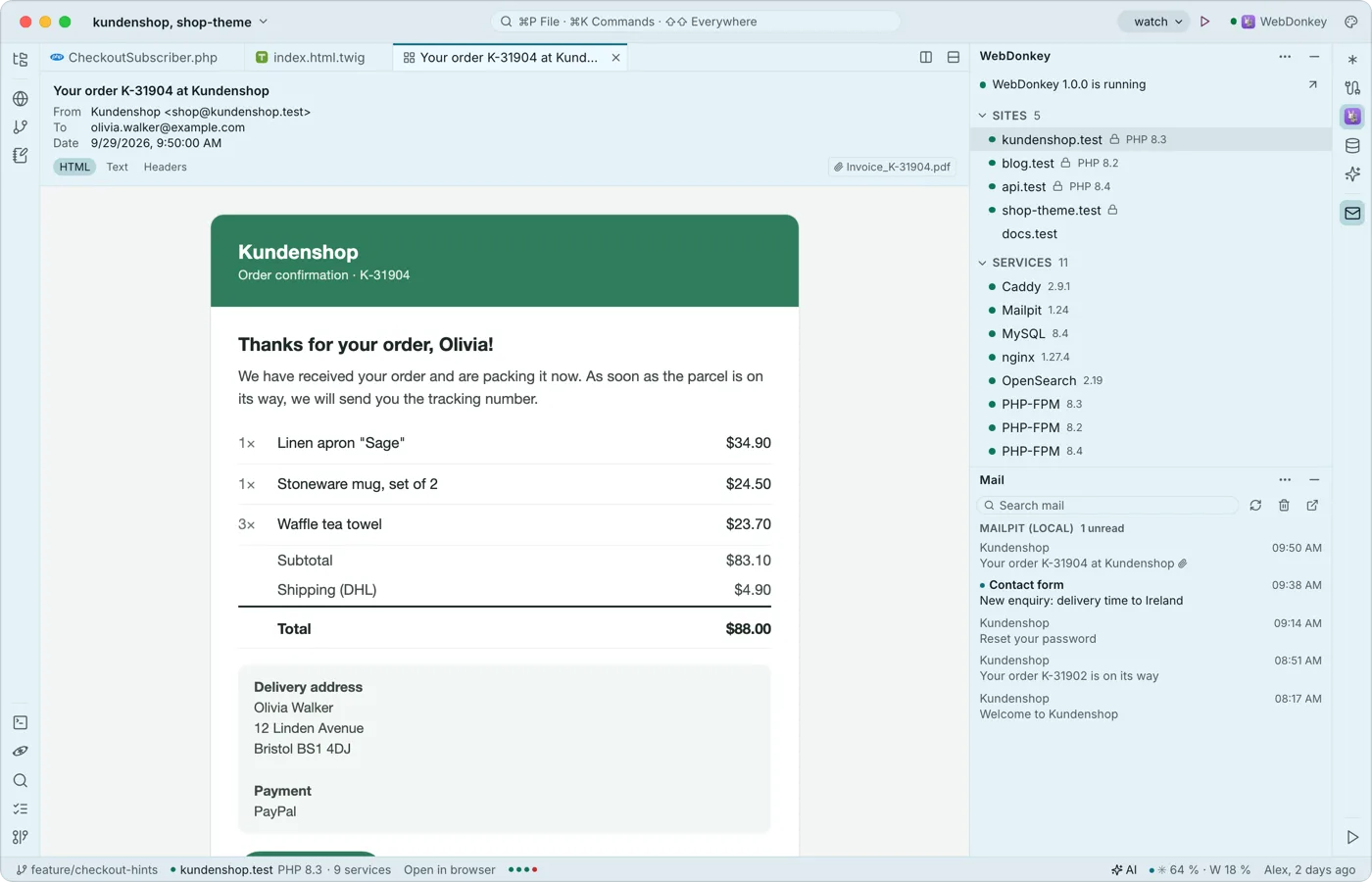 Mail from your projects, read in the editor