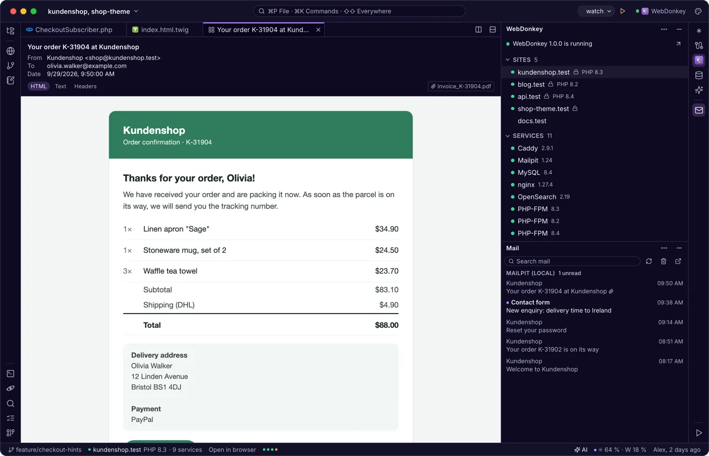 Mail from your projects, read in the editor