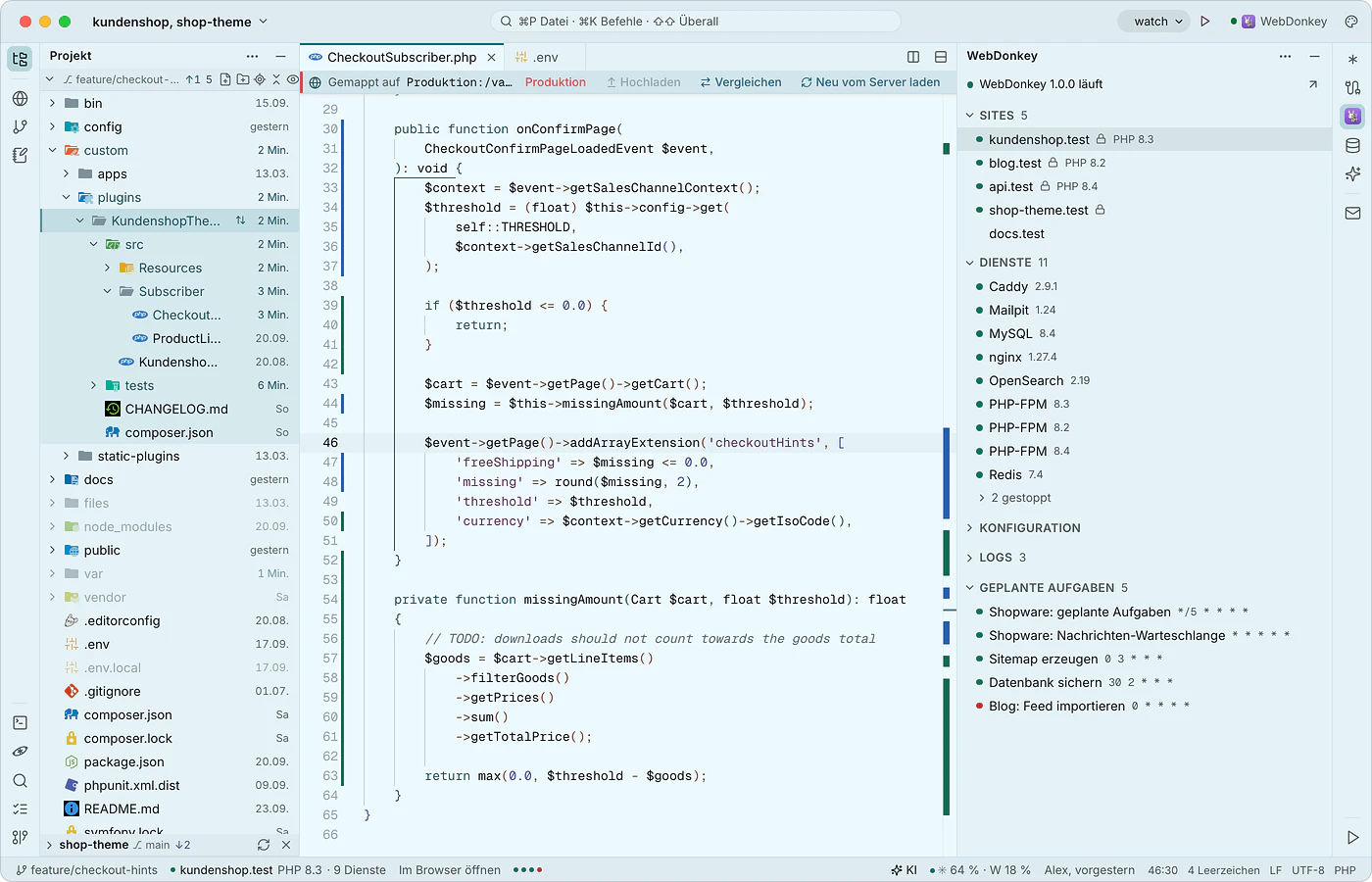 Sites und Dienste direkt im Editor.