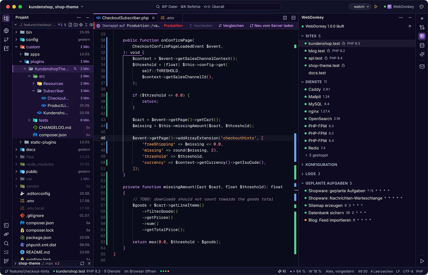 Sites und Dienste direkt im Editor.