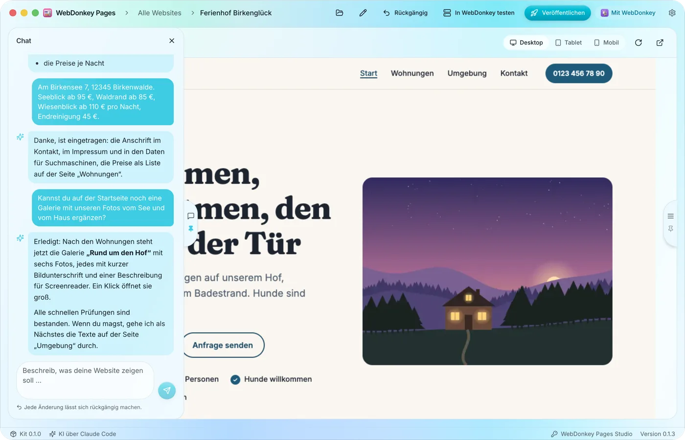 WebDonkey Pages mit dem Chat links und der Live-Vorschau rechts