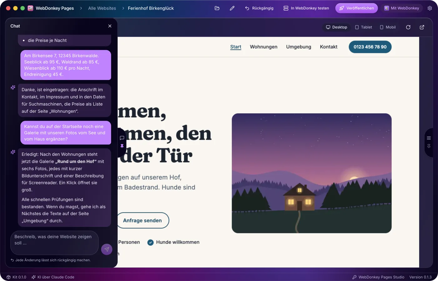 WebDonkey Pages mit dem Chat links und der Live-Vorschau rechts
