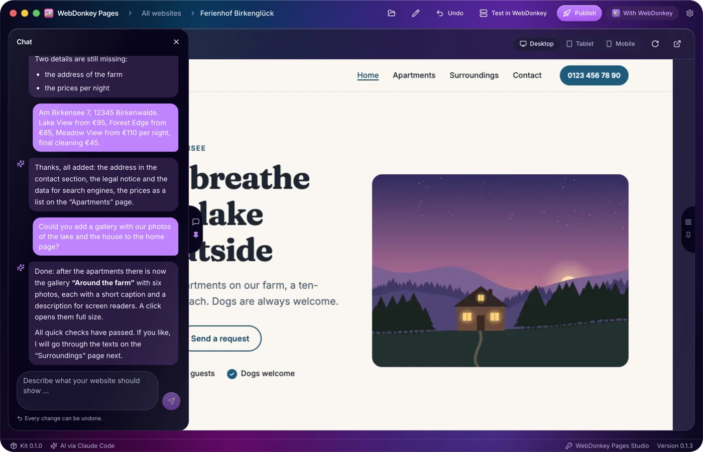 WebDonkey Pages with the chat on the left and the live preview on the right