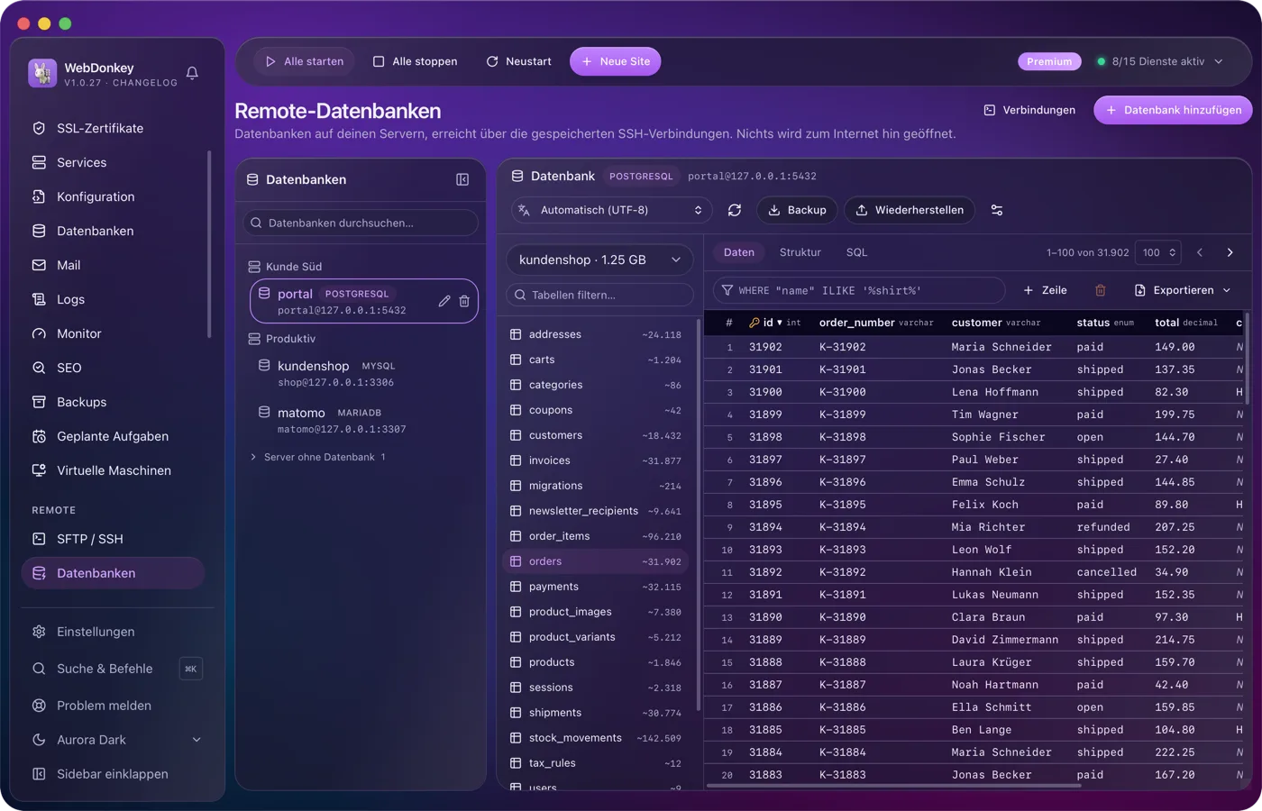 Die Datenbanken deiner Server, ohne Adminer auf dem Server
