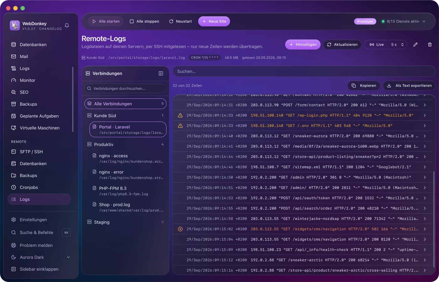 Die Logs deiner Server, live mitgelesen