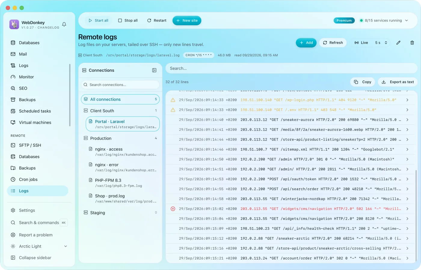 The logs of your servers, followed live