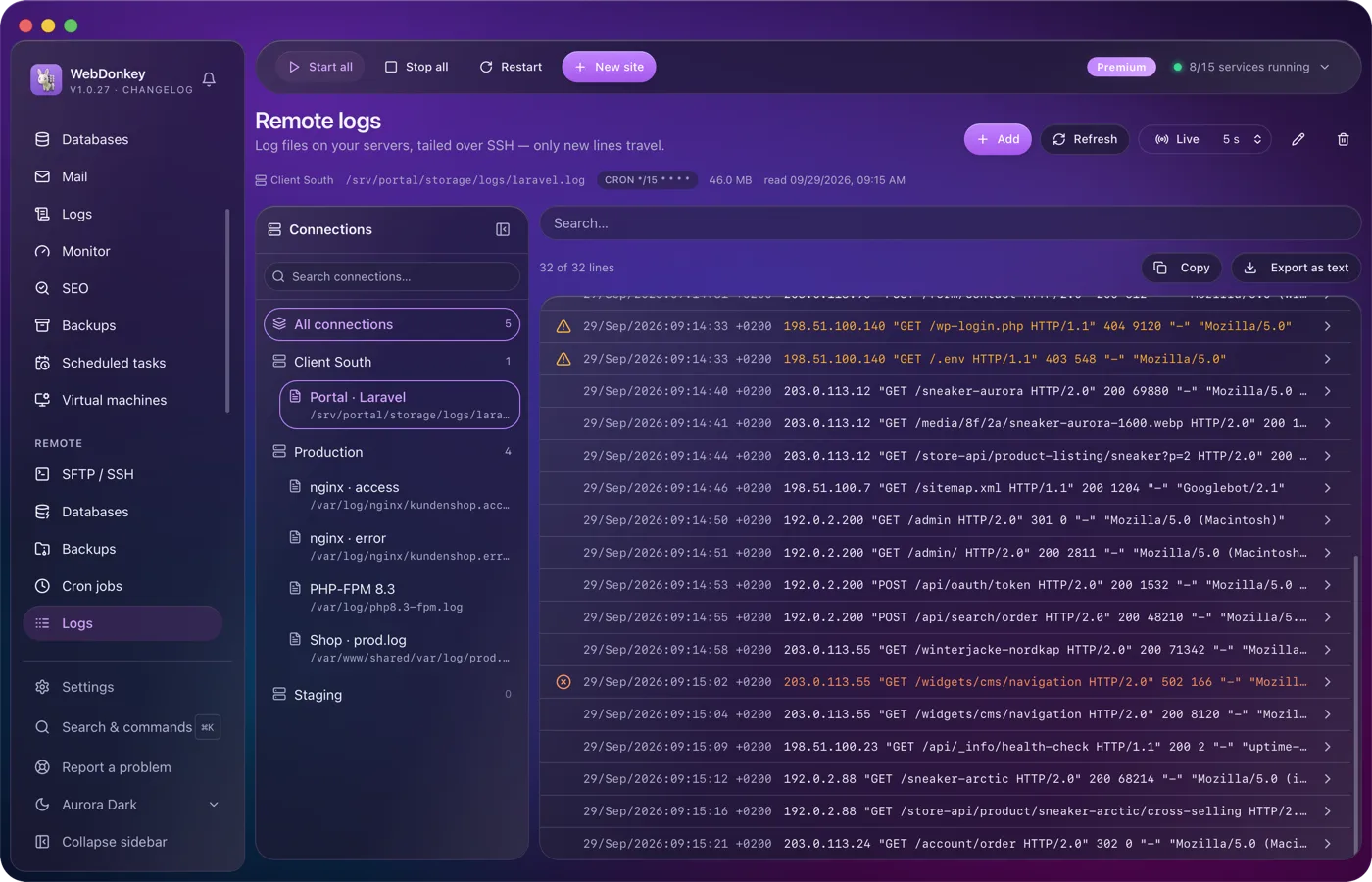 The logs of your servers, followed live