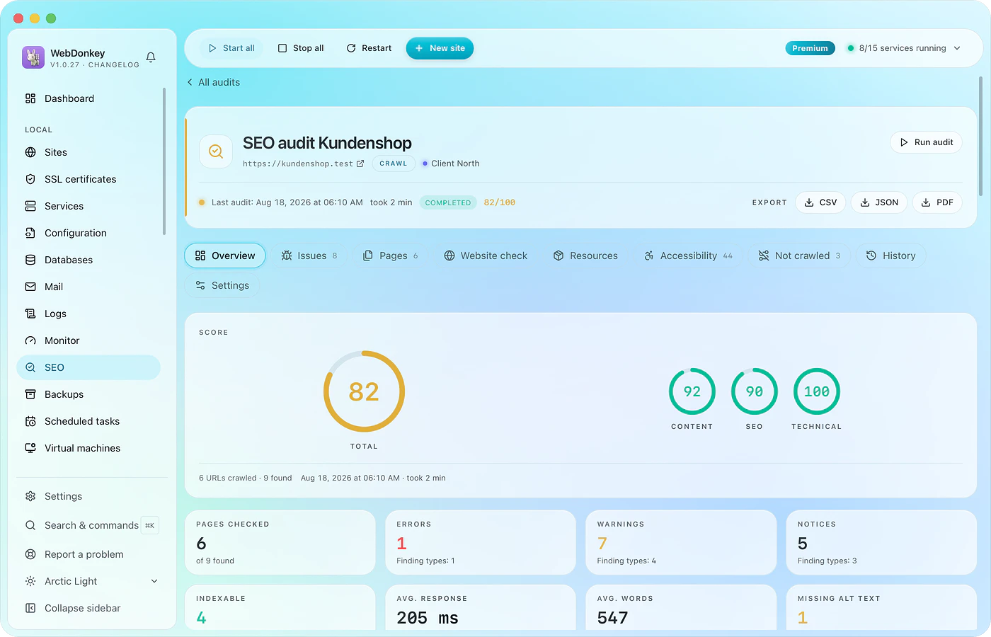 The SEO package checks SEO and accessibility