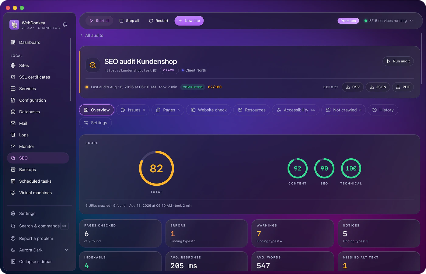 The SEO package checks SEO and accessibility